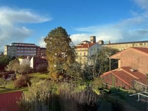 Blick auf eine Stadt mit Gebäuden und Bäumen in der Unterkunft Apartamento céntrico con vistas in Santiago de Compostela