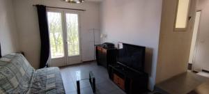 salon z kanapą i telewizorem w obiekcie Studio face verdure w mieście Montreuil