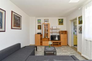 uma sala de estar com um sofá e uma televisão em Apartments Vlasta 1410 em Premantura