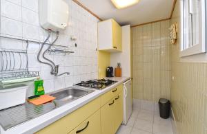 uma cozinha com um lavatório e um fogão em Apartments Vlasta 1410 em Premantura