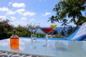 a glass of wine and a bottle on a table at Villa de 2 chambres avec vue sur la mer piscine privee et jacuzzi a Saint Pierre a 1 km de la plage in Saint-Pierre