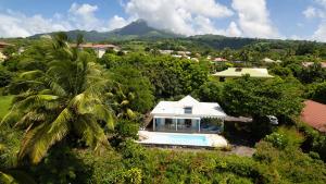 une vue aérienne sur une maison avec un palmier dans l'établissement Villa de 2 chambres avec vue sur la mer piscine privee et jacuzzi a Saint Pierre a 1 km de la plage, à Saint-Pierre