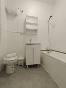 ein weißes Bad mit einem WC und einer Dusche in der Unterkunft VibesCoruña- Ferrocarril 2 in A Coruña