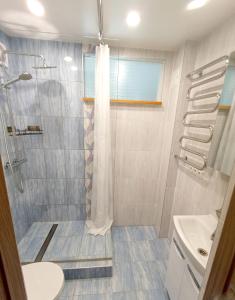 a bathroom with a shower and a sink at Vytekstos Apartamentai in Druskininkai