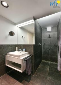 un baño con lavabo y ducha en Haus Oldenburg Ferienwohnung 7, en Wangerooge