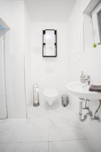 ein weißes Bad mit einem Waschbecken und einem WC in der Unterkunft Apartment Hafenarbeiter in Bremerhaven