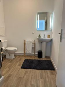 een badkamer met een wastafel, een toilet en een spiegel bij Appartement F2 proche Paris CDG/parc expos/RER B in Sevran