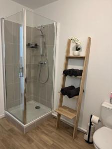 a bathroom with a shower with a glass shower stall at Appartement F2 proche Paris CDG/parc expos/RER B in Sevran