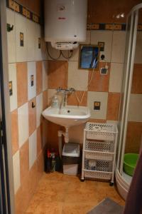 La salle de bains est pourvue d'un lavabo et d'une douche. dans l'établissement Domki nad Jeziorem Ołów, à Ryn