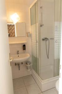 a bathroom with a shower and a sink and a toilet at Hotel Rossija in Frankfurt