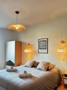 ein Schlafzimmer mit einem großen Bett mit zwei Kissen darauf in der Unterkunft Le Paisiblement Vôtre 3 Ch, Terrasse, Clim, Park in Montauban