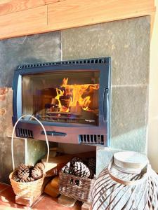 a fireplace with a fire in it with some pine cones at Navalpinar in Navalmanzano