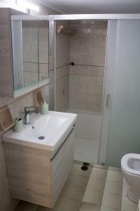 a bathroom with a sink and a shower and a toilet at Spacious Apartment in the heart of Pythagorion in Pythagoreio