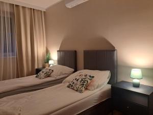 two beds in a hotel room with two lamps at Apartament pod Miastem in Szamotuły +5 photos