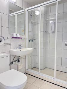 ein Bad mit einer Dusche, einem WC und einem Waschbecken in der Unterkunft Foung Kou Hotel in Magong