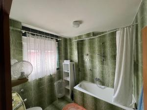 uma casa de banho com azulejos verdes, uma banheira e um chuveiro em Villa Dudu em Selce