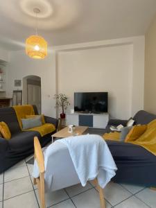 a living room with two couches and a tv at La grande Amiénoise de 7 chambres, quartier calme et résidentiel in Amiens