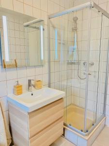 a bathroom with a sink and a shower at Zentrale Wohnung mit Alpenblick in Micheldorf in Oberösterreich
