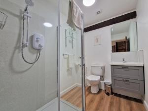 La salle de bains est pourvue d'une douche, de toilettes et d'un lavabo. dans l'établissement The Hayloft, à Ivinghoe