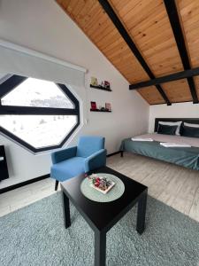 um quarto com uma cama, uma cadeira azul e uma mesa em Zlatibor Wild em Zlatibor
