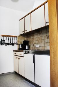 a kitchen with white cabinets and white appliances at Appartements Hanni in Ehrwald