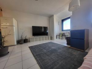 uma sala de estar com uma televisão de ecrã plano e uma cozinha em Appartement Canet-Plage, 3 pièces, 6 personnes - FR-1-750-51 em Canet-en-Roussillon