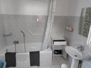 Guer的住宿－La Petite Maison à la Campagne，一间带水槽、浴缸和卫生间的浴室