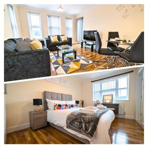 two pictures of a living room and a bedroom at Heathrow Apartments Peace and Proximity Heathrow Airport FREE PARKING in Stanwell