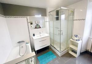 W łazience znajduje się szklana kabina prysznicowa i umywalka. w obiekcie l'amour, le rire et la famille w mieście Hillion