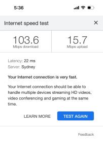 una schermata del testo della prova della velocità su Internet di Sunshine Rooms a Maroochydore