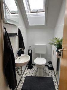 a bathroom with a sink and a toilet and a skylight at Ferienwohnung Nannerl in Bad Sachsa