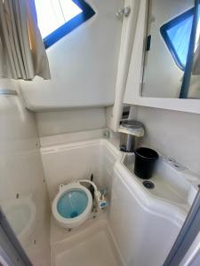 La petite salle de bains est pourvue de toilettes et d'un lavabo. dans l'établissement Nuit insolite sur un bateau - Linge & ménage inclus, à La Rochelle