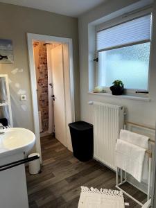 a bathroom with a white sink and a window at Seeluft direkt am Wasser in Reichenau
