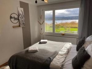 a bedroom with a bed and a window with a view at Seeluft direkt am Wasser in Reichenau