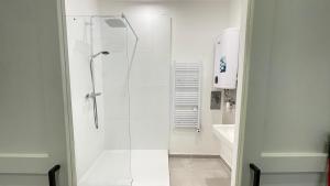 eine Dusche mit Glastür im Bad in der Unterkunft Little Schönnbrunn1 Top Location in Wien