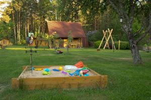 a sandbox in the grass with toys in it at Viesu māja Klētnieki in Ģipka