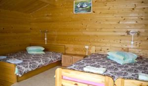 due letti in una stanza con pareti in legno di Viesu māja Klētnieki a Ģipka