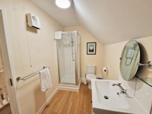 a bathroom with a shower and a sink at The Homestead in Leighton Buzzard