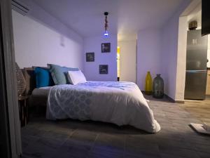 a bedroom with a bed with blue and white sheets at Le Clos de Bourgueil in Sainte-Anne
