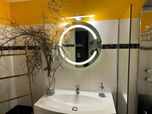 um lavatório de casa de banho com um espelho redondo por cima em Le Clos de Bourgueil em Sainte-Anne