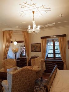a living room with a chandelier and a bed and chairs at Boutique hotel & Wellness Spitzerova vila Eliška in Janovice