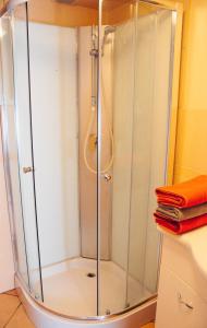 a shower with a glass enclosure in a bathroom at LEM Family Apartment in Budapest