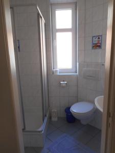 ein Bad mit einem WC, einem Waschbecken und einem Fenster in der Unterkunft Ferienhof Bisdorf "Bauernhaus" in Bisdorf