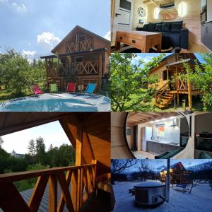 a collage of photos with a house and a house at Piniowy Domek - Roztocze in Siedliska