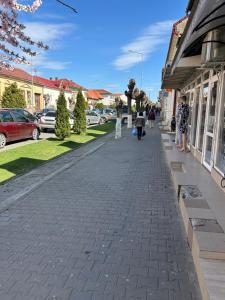 people walking down a sidewalk next to a building at Bivolul Negru in Blaj