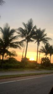 une rue avec des palmiers et un banc au coucher du soleil dans l'établissement HOTEL PORTO FINO, à Pontal do Paraná