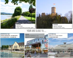 a collage of photos of cities and buildings at Haus Schweiz in Bonn in Bonn