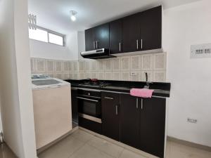 a kitchen with black cabinets and a pink towel at Aparta-estudio centro cerca plaza de bolívar Tunja in Tunja