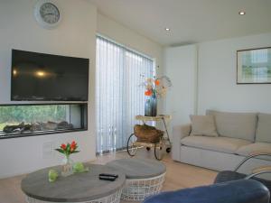 ein Wohnzimmer mit einem Sofa und einem TV in der Unterkunft Beautiful holiday home with decorative fireplace in Wemeldinge