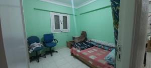 ein Schlafzimmer mit zwei blauen Stühlen und einem Bett in der Unterkunft Friends motel in Alexandria
